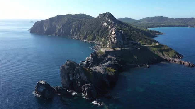 Beautiful aerial view of Porquerolles cap m&egrave;des sunny day rocks and sea landscape