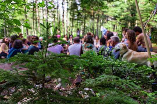 Diverse people enjoy spiritual gathering A large group of people from all backgrounds are seen sitting together in a circle at a forest campsite, with a golden retriever dog during a mindful retreat.