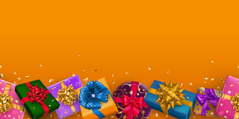 Fototapeta na wymiar Vector illustration of repeating multicolored gift boxes with ribbons, bows and shadows, and small shiny pieces of serpentine on orange background