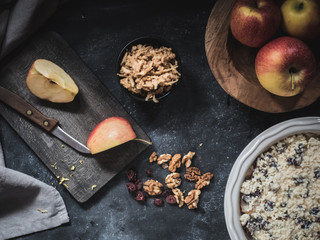 Ingredients for apple pie. Overhead shot.