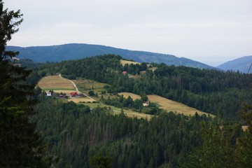 Fototapeta na wymiar Landscape scenery in Silesian Beskids during summer. View from Big Stozek mountain to Small Stozek mountain in Poland near border with Czech republic.