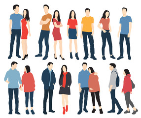 Silhouettes of men and women standing, cartoon character, group business people, vector illustration, flat designe icon, isolated on white background