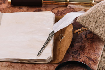 open copy book with blank pages in leather cover and nib on old world map