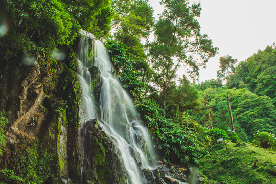 Biggest waterfall at Parque Natural da Ribeira dos Caldeiroes, Sao Miguel, Azores, Portugal