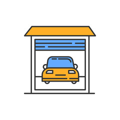 Garage car parking color icon. Automobile city parking lot, place. Urban street carpark area. Vehicle shed with automatic roller gate. Isolated vector illustration