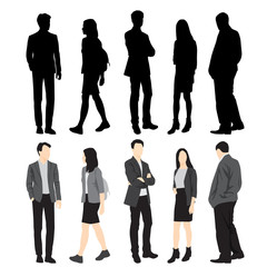 Silhouettes of men and women standing, cartoon character, group business people, vector illustration, flat designe icon, isolated on white background