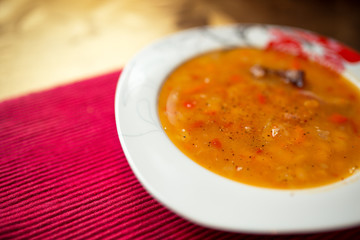 Image of tasty homemade soup on table