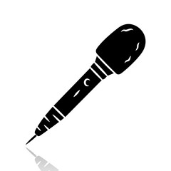 Microphone drop shadow black glyph icon. Television reporting. News broadcasting. Professional mic, karaoke device. Journalist equipment. Musician appliance. Isolated vector illustration