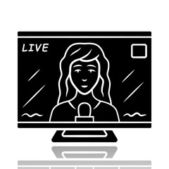 Reporter woman on TV drop shadow black glyph icon. Female journalist reporting breaking news live. Newscast. Newswoman on TV screen. Isolated vector illustration