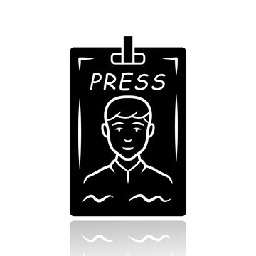 recommend clip art: Press pass drop shadow black glyph icon. Journalist, reporter ID badge. Press identification card. Backstage VIP entry permit, conference entrance ticket. Isolated vector illustration