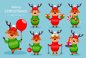 Funny reindeer, set of seven poses