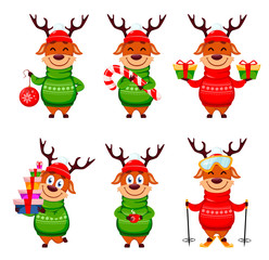 Merry Christmas. Funny reindeer, set of six poses