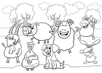 black and white cartoon farm animal characters group