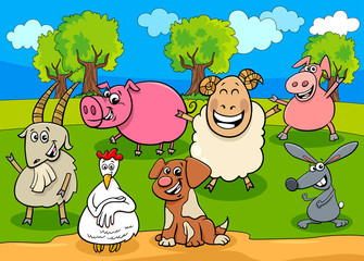 happy farm animals cartoon characters group