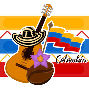 Guitar with a sombrero vueltiao, flag and coffee bean. Representative image of colombia - Vector