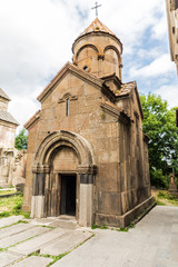 Western Asia, Eurasia, South Caucasus, Republic of Armenia. Tsakhkadzor. Kecharis Monastery, 11th C. medieval Armenian monastic complex. Exterior view of Surp Nshan Church.