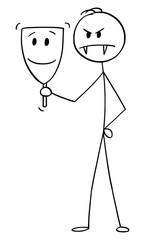 Vector cartoon stick figure drawing conceptual illustration of evil man or businessman hiding behind or wearing likeable or personable smiling mask.