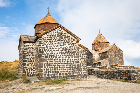 Western Asia, Eurasia, South Caucasus, Republic of Armenia.Sevan. The churches of Surp Arakelots (right) and Surp Astvatsatsin (left), at the Sevanavank Monastery complex on Lake Sevan.