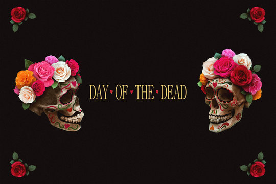 "Dia de los Muertos" (day of the dead) poster. Mexican sugar skull with floral decoration on black background. Holiday banner, party flyer, greeting card. Stylized drawing oil.  illustration. - Powered by Adobe