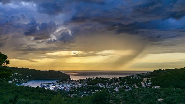 Port de Soller, sunset in the rain,  time lapse, Mallorca, Spain 