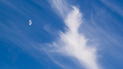 Fototapeta na wymiar First quarter Moon during daytime with blue sky and Cirrus clouds.