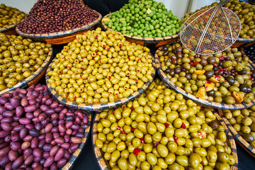 Green and black olives in the oriental market