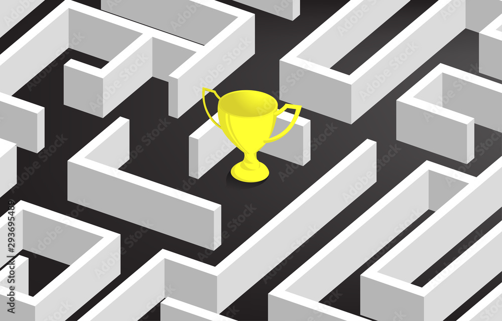 Poster Golden trophy at center of maze. Business concept for problem solving and solution strategy