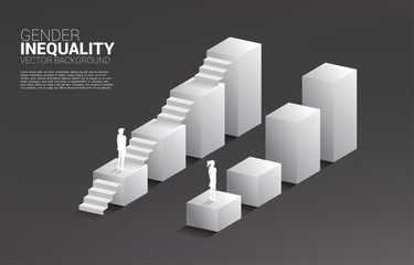Businessman and businesswoman move on growing graph and the only man with the stair.Concept of gender inequality in business and obstacle in woman career path