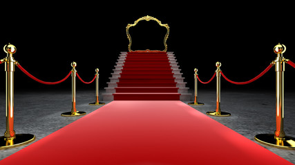 Red Event Carpet, Stair and Gold Rope Barrier Concept of Success and Triumph, 3d rendering