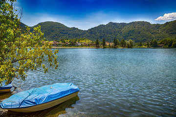 Naklejka na ściany i meble Amazing view landscape with beatiful view of Lake of Idro in north of Italy