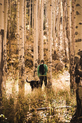 A man and a dog hiking in the autumn woods. 