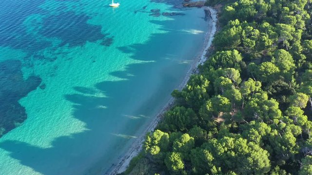 aerial view of Porquerolles paradise idyllic beach crystal clear water white sand Courtade pine trees lagoon France Hy&egrave;res