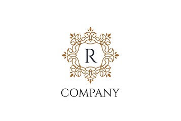 Luxury gold and white logo design template vector illustration for Restaurant, Royalty, Boutique, Cafe, Hotel, Heraldic, Jewelry and Fashion. Ornament shapes for logotype or badge design.