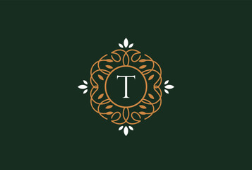 Luxury gold green logo design template vector illustration for Restaurant, Royalty, Boutique, Cafe, Hotel, Heraldic, Jewelry and Fashion. Ornament shapes for logotype or badge design.