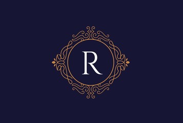 Luxury gold and blue logo design template vector illustration for Restaurant, Royalty, Boutique, Cafe, Hotel, Heraldic, Jewelry and Fashion. Ornament shapes for logotype or badge design.
