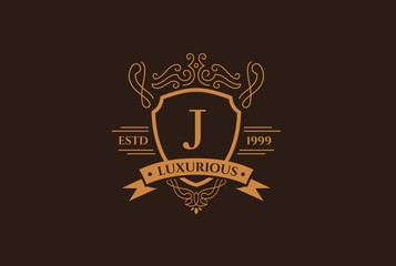 Luxury gold and brown logo design template vector illustration for Restaurant, Royalty, Boutique, Cafe, Hotel, Heraldic, Jewelry and Fashion. Ornament shapes for logotype or badge design.