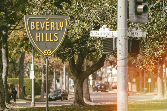 The iconic Beverly Hills sign marking the border of the famous affluent neighborhood near Los Angeles, California.