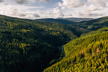 Aerial drone photography of giant mountains, Špindlerův Mlýn.