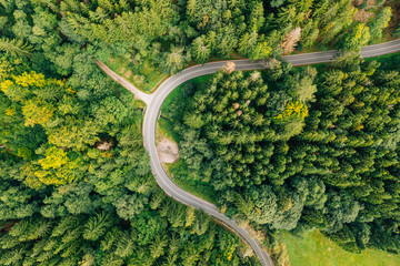 Aerial drone photography of giant mountains roads, top-down view. Špindlerův Mlýn.