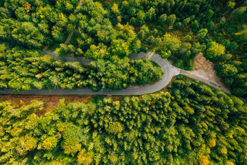 Aerial drone photography of giant mountains roads, top-down view. Špindlerův Mlýn.