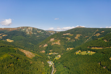 Aerial drone photography of Giant Mountains, Landscape shot of Pec pod Sněžkou. 
