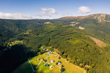 Aerial drone photography of Giant Mountains, Landscape shot of Pec pod Sněžkou. 