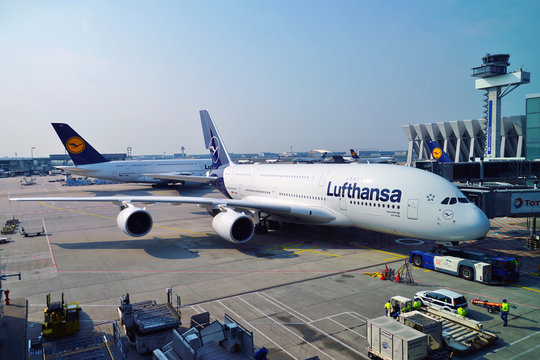 FRANKFURT, GERMANY -14 APR 2019- View of an Airbus A380 airplane from Lufthansa (LH) at the Frankfurt Airport (FRA), the busiest airport in Germany and a major hub for the German airline.