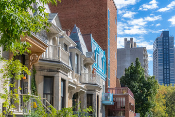 Montreal, typical victorian house with exterior staircase in the Plateau Mont-Royal district in...