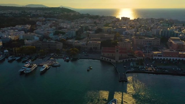 Aerial birds eye view video taken by drone of Rhodes island old fortified town, Palace of the Grand Master, popular tourist destination, Dodecanese, Aegean, Greece