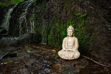 Diverse people enjoy spiritual gathering A sacred buddha statue figurine is seen closeup, against natural mossy rocks in a stream with copy space. Symbolic ornament during nature retreat.