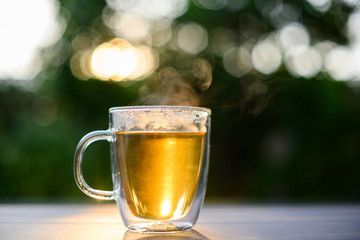 The transparent tea cup is made of double-layer heat-resistant glass for hot tea. The green background is a garden and has bokeh.