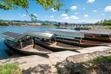 Naklejka na ściany i meble Traditional japanese wooden boats at the harbor