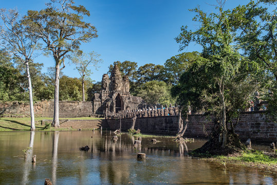 Most famous entrance of Angkor Thom, south gate attract lot of tourists nowadays, Siem Reap, Cambodia 