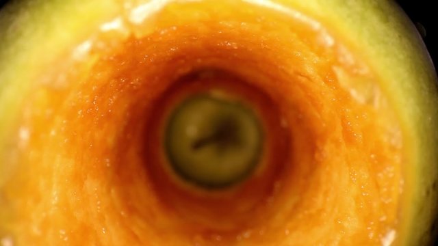 Starting outside and then pushing into the interior of a cored apple, oxidation is prevalent, many textures. Exiting apple and revealing 3 apples with good closeups of center apple stem.